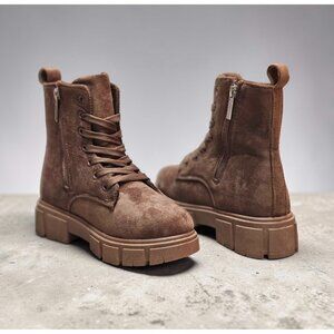 Nude Faux Suede Lace-Up Combat Boots With Side Zipper And Chunky Sole